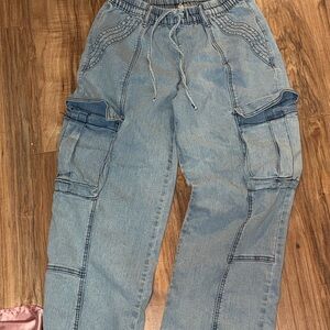 Light Wash Denim Cargo Jeans with Drawstring Waist